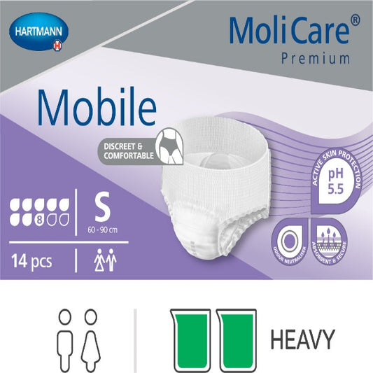 MoliCare Premium Mobile 8 Drop pull-up incontinence pants for moderate to heavy protection, with odor control and tear-open side seams.