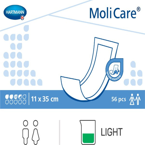 MoliCare Rectangular Pad for light incontinence, with adhesive strip for secure placement.