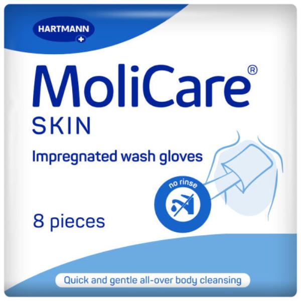 MoliCare Impregnated Wash Gloves, pack of 8 disposable, soft, and pre-moistened gloves designed for convenient body cleansing and skin care.