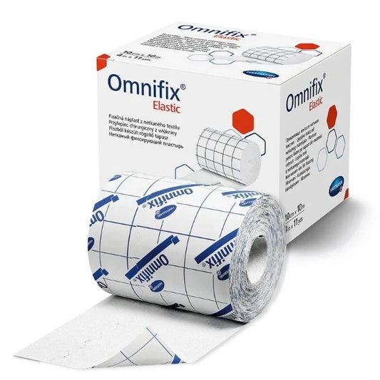 A roll of Omnifix® Elastic Retention Tape, 5cm x 10m, showing its flexible and breathable material, ideal for securing dressings on contoured body areas.