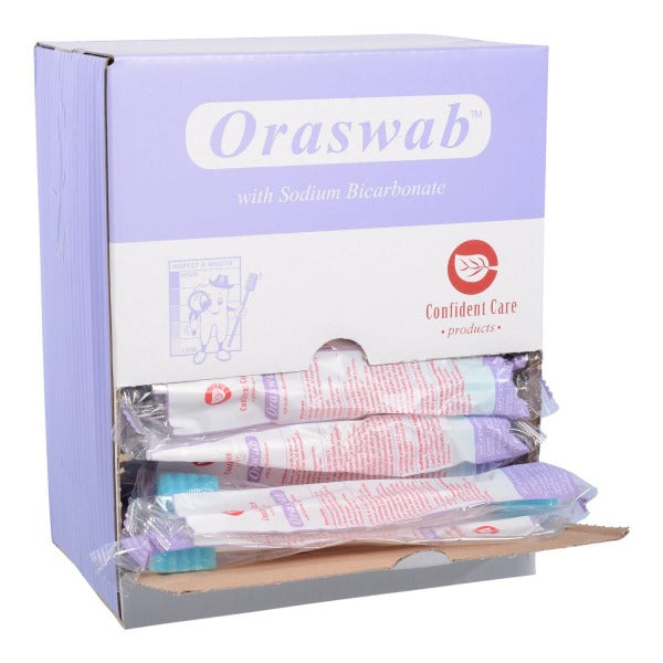 Oraswab with Sodium Bicarbonate (100) by Confident Care: Gentle and effective oral hygiene swabs with sodium bicarbonate, ideal for medical settings, box of 100.