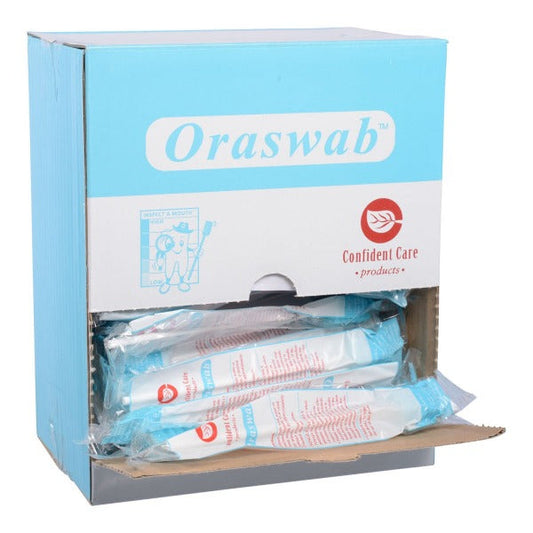 Oraswab (100) by Confident Care: Gentle and effective oral hygiene swabs, ideal for medical settings, box of 100.