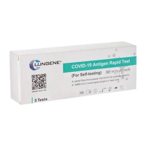 A box containing five individually wrapped COVID-19 Antigen Rapid Tests. Each test includes a nasal swab, extraction tube, test cassette, and instructions for self-testing.