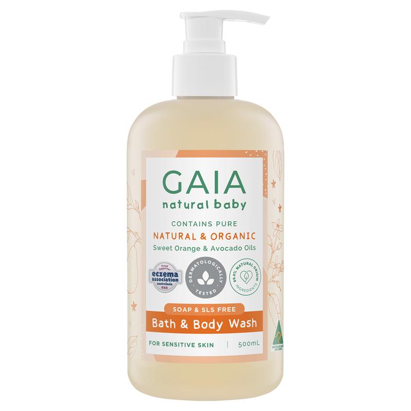 500ml bottle of Gaia Natural Baby Bath & Body Wash, tear-free and moisturizing for delicate baby skin.