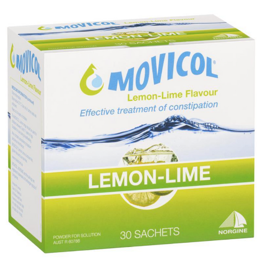 A box of Movicol lemon-lime laxative powder sits on a white background. The box displays the product name, dosage information (30 sachets, 13.125g each), and highlights the lemon-lime flavor.