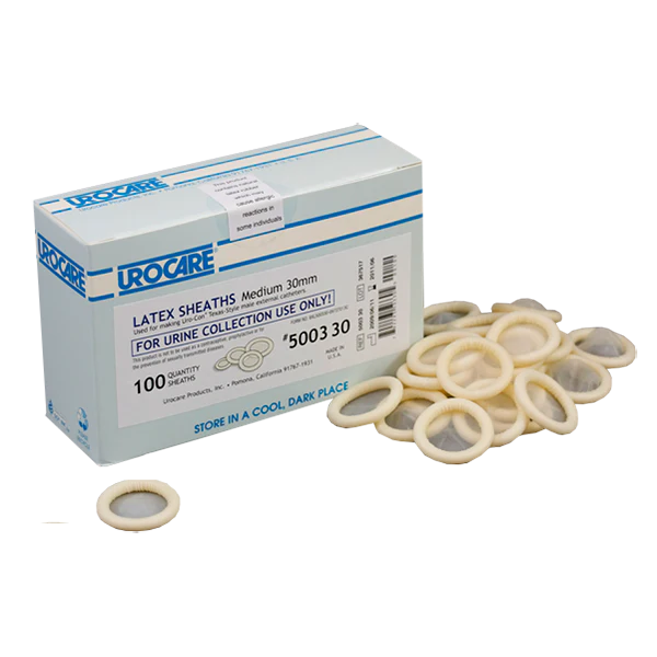 A sterile, single-use Urocare Latex Sheath in 30mm size. The sheath is smooth and beige-colored, lying on a white background.